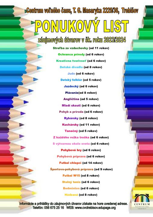 Ponuka krúžkov v CVČ Trebišov šk. roku 2023/2024